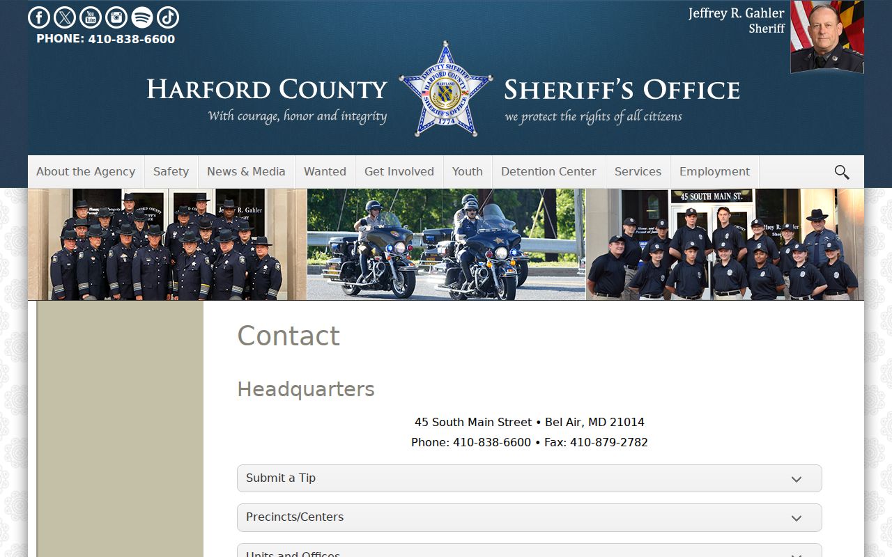 Harford County sheriff's office contact page for the warrant unit and precincts
