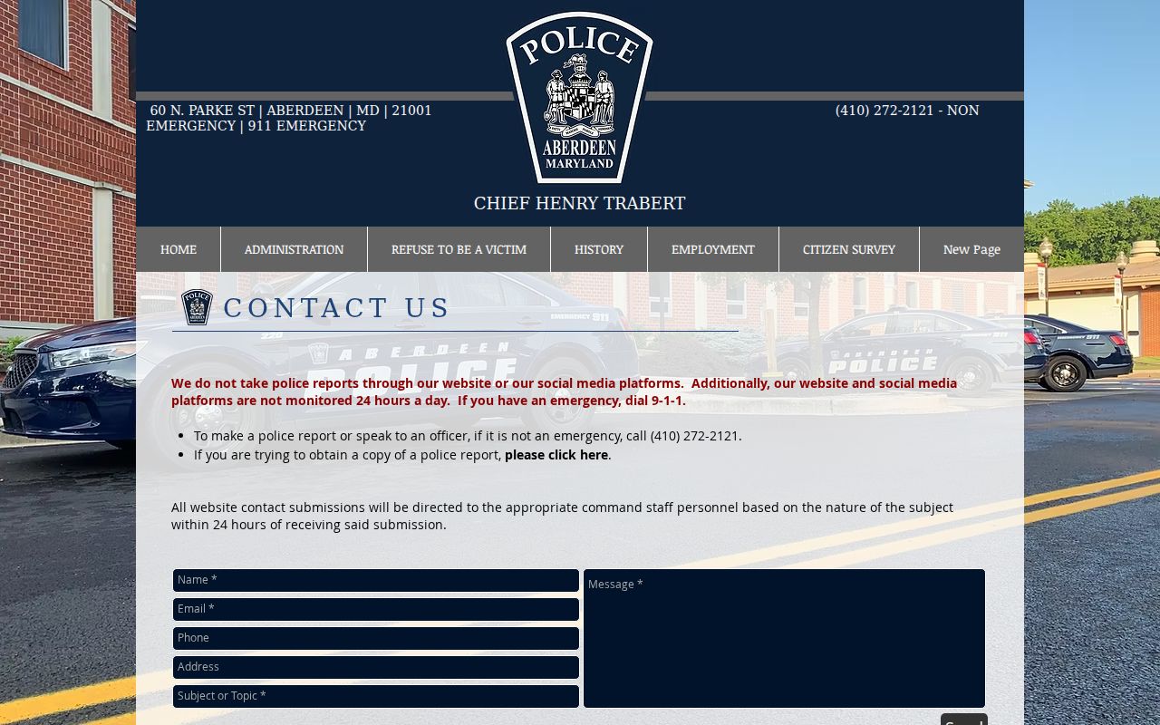 Aberdeen Police Department contact page listing the non-emergency line and Aberdeen warrant service hours