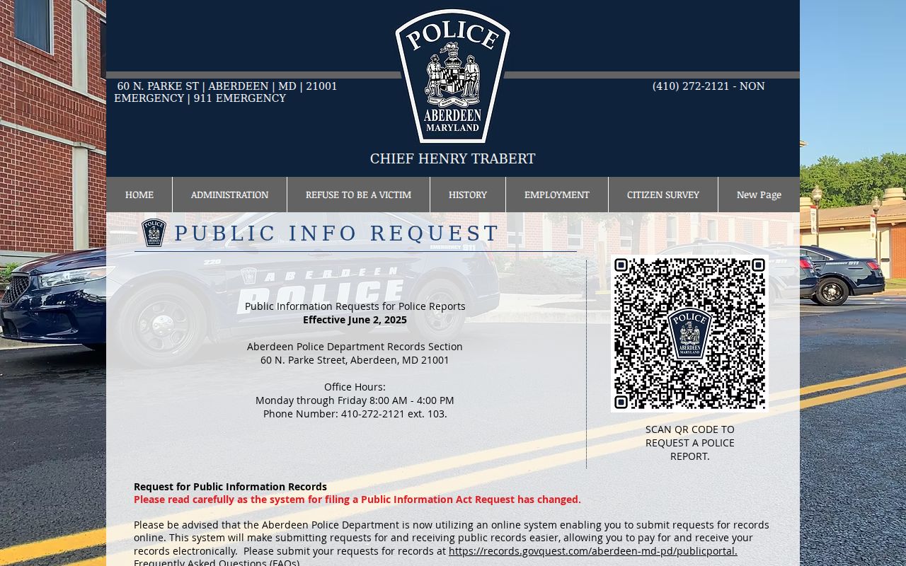 Aberdeen Police public information request page showing the records counter hours and Aberdeen warrant record request link