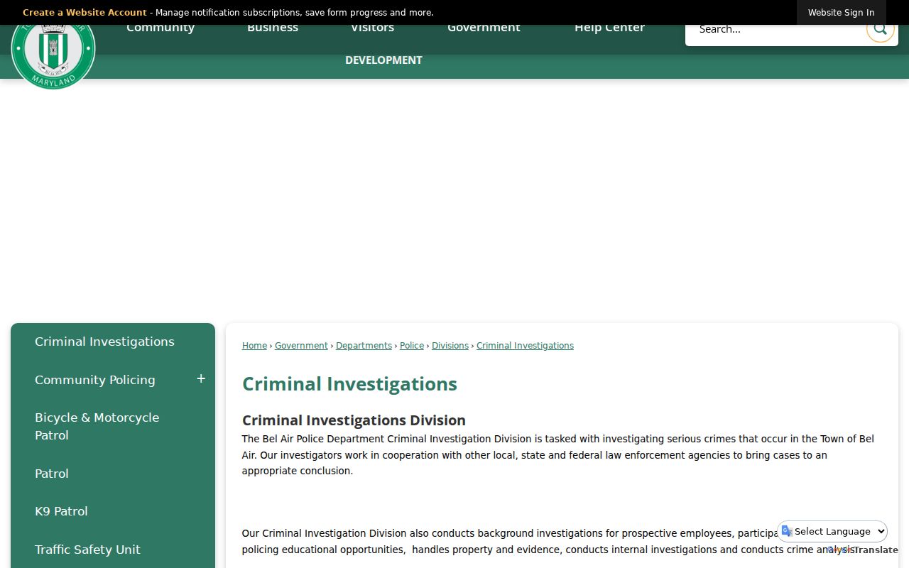Bel Air Police Criminal Investigations page showing the unit that files Bel Air warrant charges