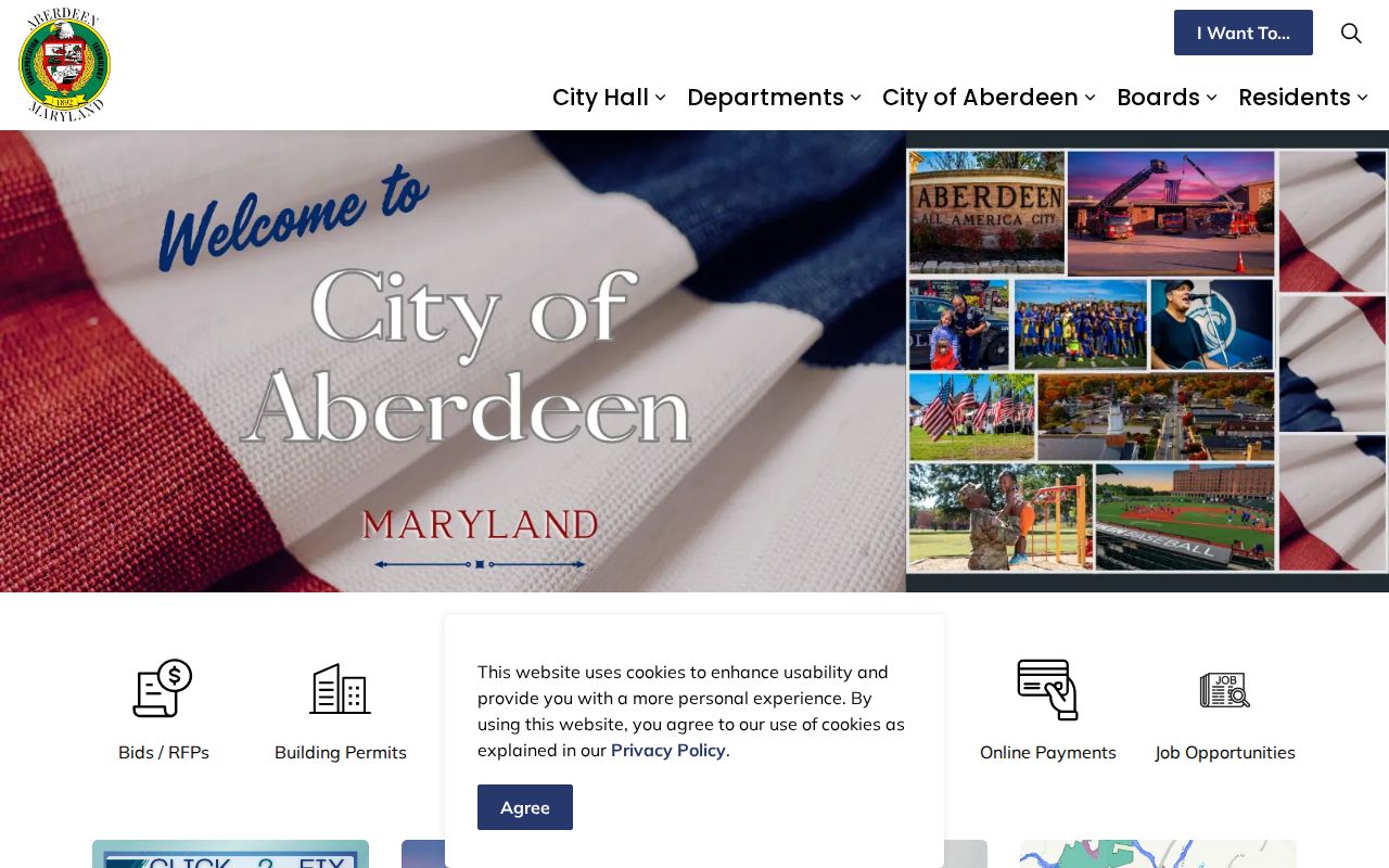 City of Aberdeen homepage with City Hall department and contact links for Aberdeen warrant record questions