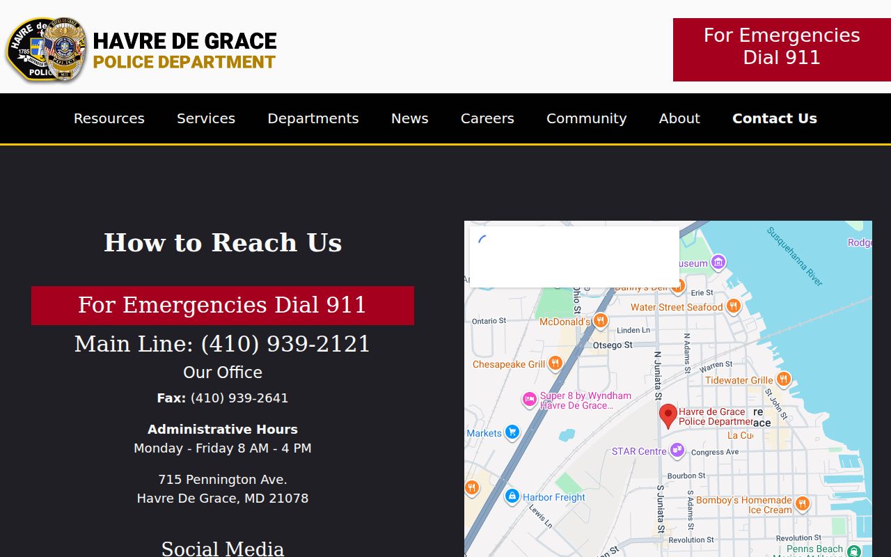 Havre de Grace Police Department contact page with the address and phone line for warrant questions