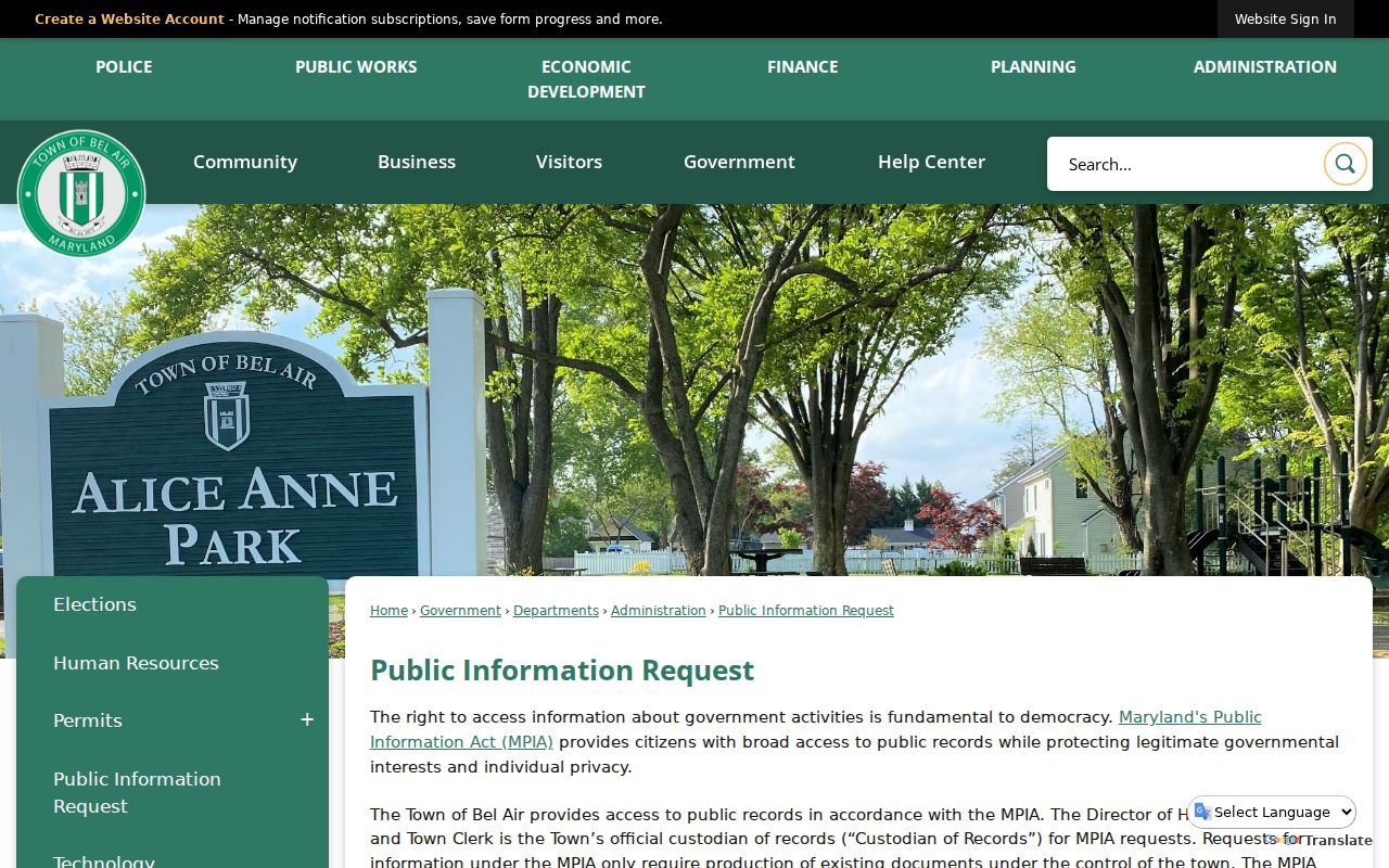 Town of Bel Air public information request page used for Bel Air warrant record requests