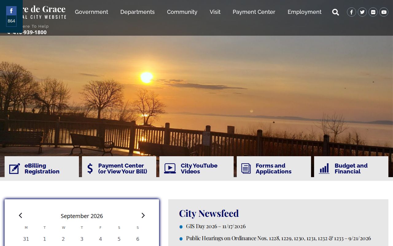 City of Havre de Grace homepage with department links for city parking and Havre de Grace warrant questions