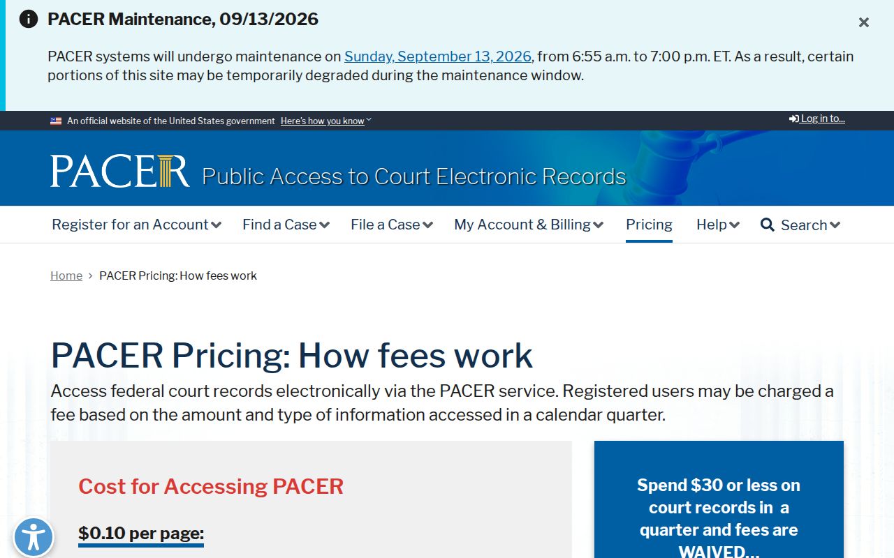 Federal court records search fee page for checking a federal warrant connected to Harford County