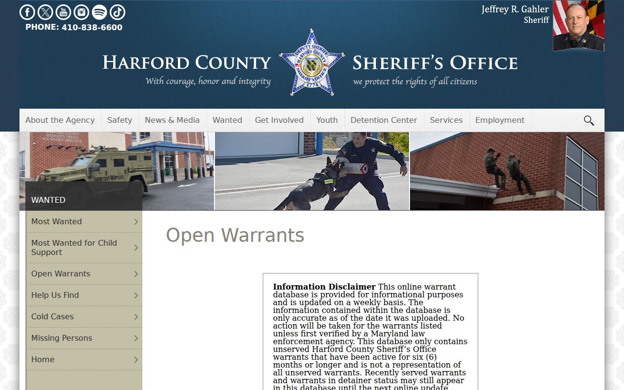 Harford County sheriff's office open warrant list disclaimer and search controls