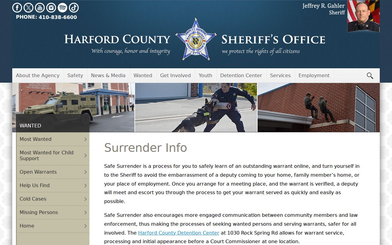 Harford County sheriff's office Safe Surrender page explaining how a warrant surrender is arranged